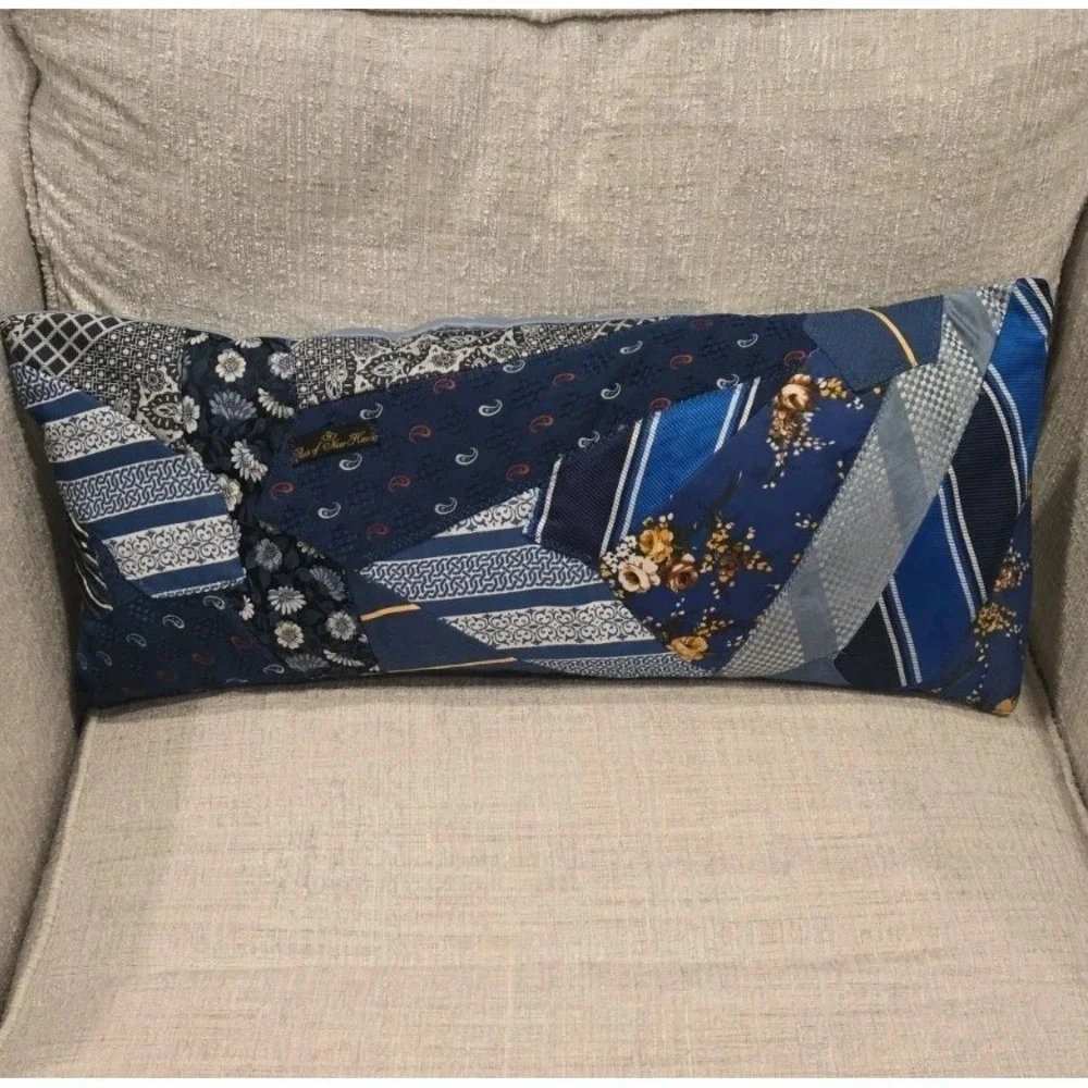 Handmade Upcycled Necktie Patchwork Lumbar Pillow – Reis of New Haven – Blue Mix